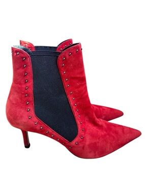 Zara Red Suede Pointed Toe Studded Kitten Ankle Boots Heels Size EU 41
